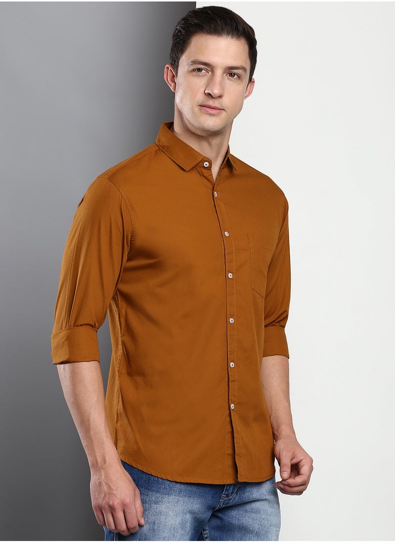 Dennis Lingo - Men's Slim Fit Solid Brown Casual Spread Collar Shirt - 100% Cotton - Image 1