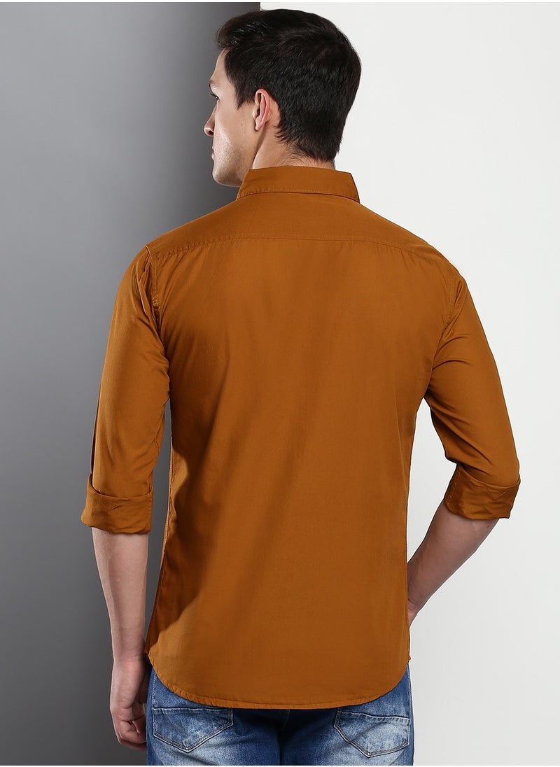 Dennis Lingo - Men's Slim Fit Solid Brown Casual Spread Collar Shirt - 100% Cotton - Image 1