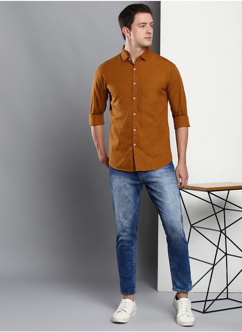 Dennis Lingo - Men's Slim Fit Solid Brown Casual Spread Collar Shirt - 100% Cotton - Image 1