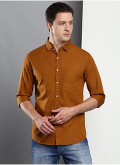 Dennis Lingo Men's Slim Fit Solid Brown Casual Spread Collar Shirt - 100% Cotton  - Image 2