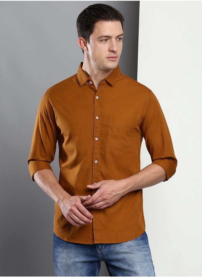 Dennis Lingo - Men's Slim Fit Solid Brown Casual Spread Collar Shirt - 100% Cotton - Image 1