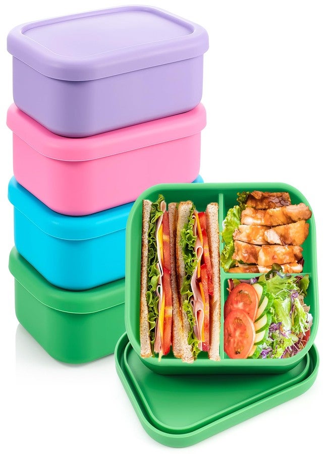 Layhit 4 Pcs Silicone Bento Box Reusable 3 Compartment Silicone Bento Lunch Container for Adults Microwave Dishwasher Freezer Safe (Bright Colors) - Image 1