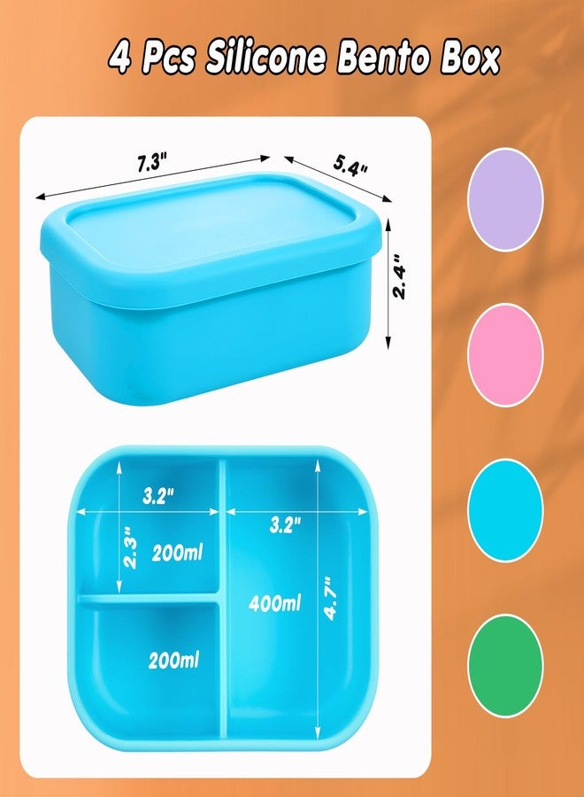 Layhit 4 Pcs Silicone Bento Box Reusable 3 Compartment Silicone Bento Lunch Container for Adults Microwave Dishwasher Freezer Safe (Bright Colors) - Image 2