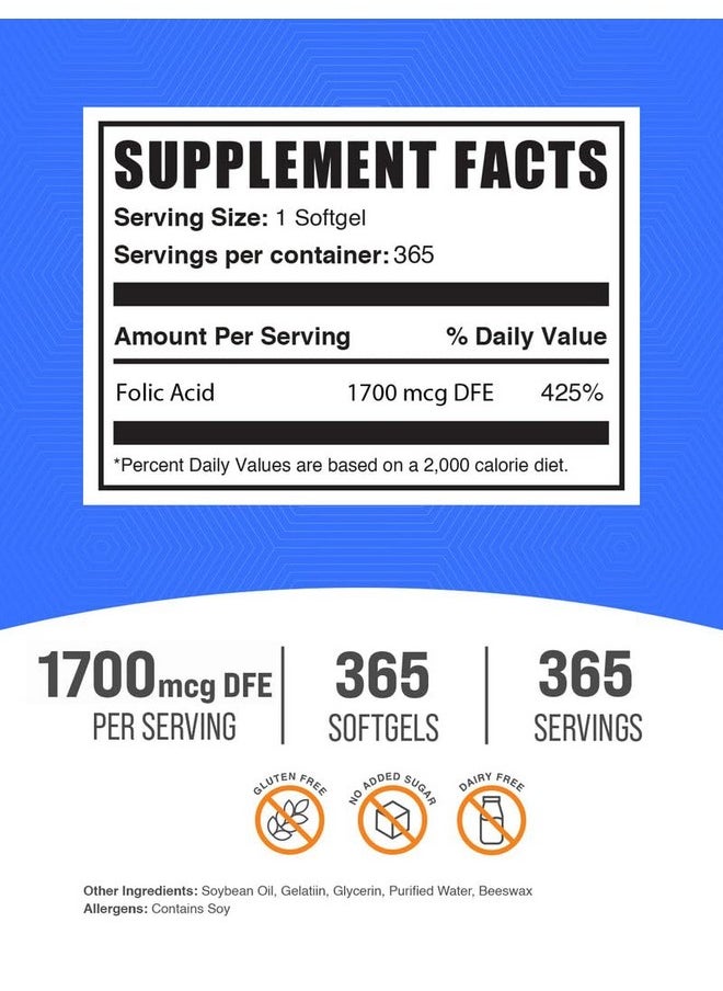 بالك سابلمنتس كبسولات حمض الفوليك من BulkSupplements.com - فيتامين ب9، مكمل حمض الفوليك، حمض الفوليك 1700 ميكروجرام - مكمل حمض الفوليك، خالٍ من الجلوتين، كبسولة هلامية واحدة لكل وجبة، 365 كبسولة (عبوة واحدة)  - Image 2
