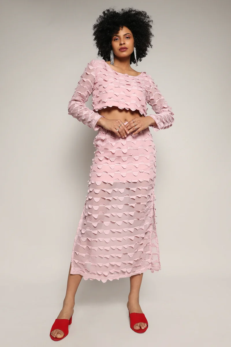 PINACOLADA  Women's Blush Pink Sheer Applique Co-Ord Set With Slit for Women | Best Price UAE