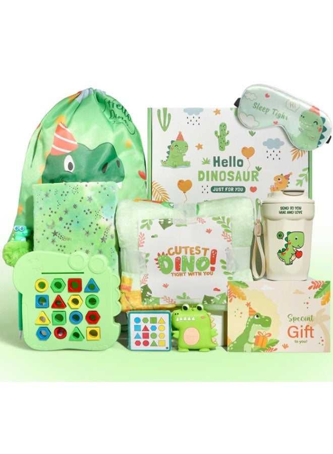 Dinosaur Gift Set for Children with Dinosaurs Blanket Backpack Eye Mask Tumbler and Toys for Kids Age 3-10（Green） - Image 1