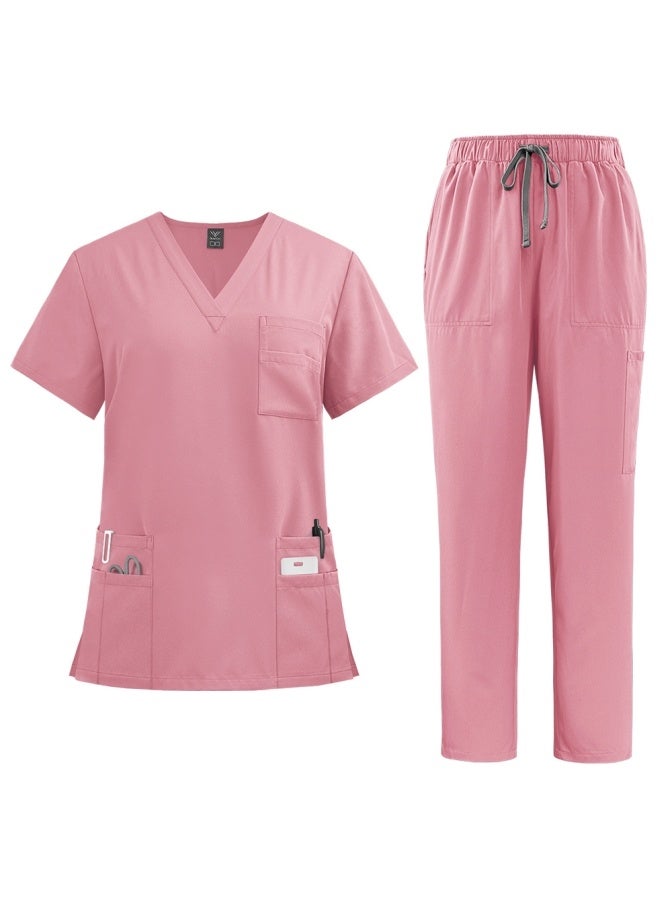 NiaaHinn Womens Men Medical Scrubs Set Unisex Scrub Top and Scrub Pant Set Medical Uniform Scrubs Medical Uniform Set (Pink) - Image 1