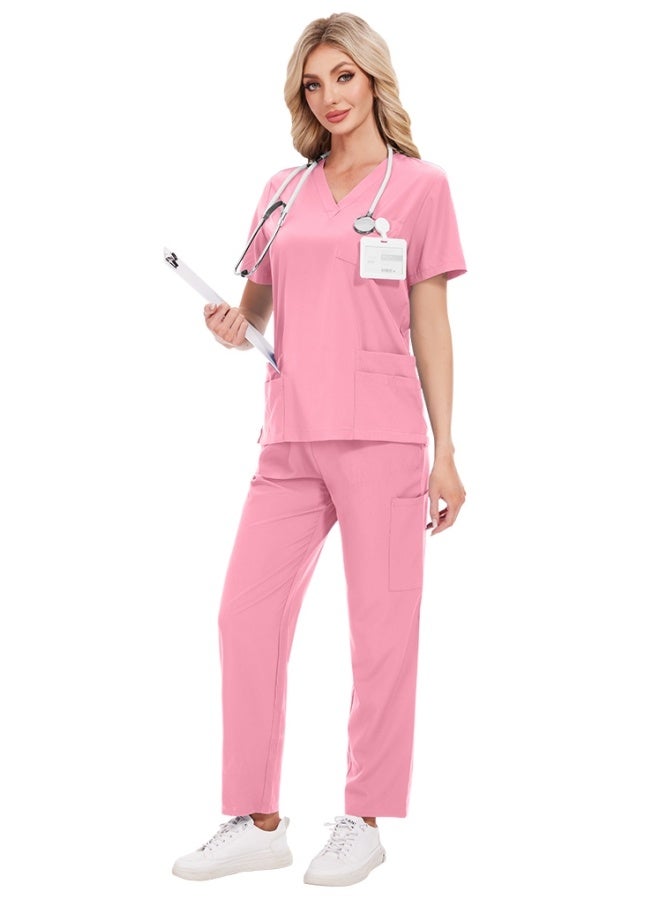 NiaaHinn Womens Men Medical Scrubs Set Unisex Scrub Top and Scrub Pant Set Medical Uniform Scrubs Medical Uniform Set (Pink) - Image 4