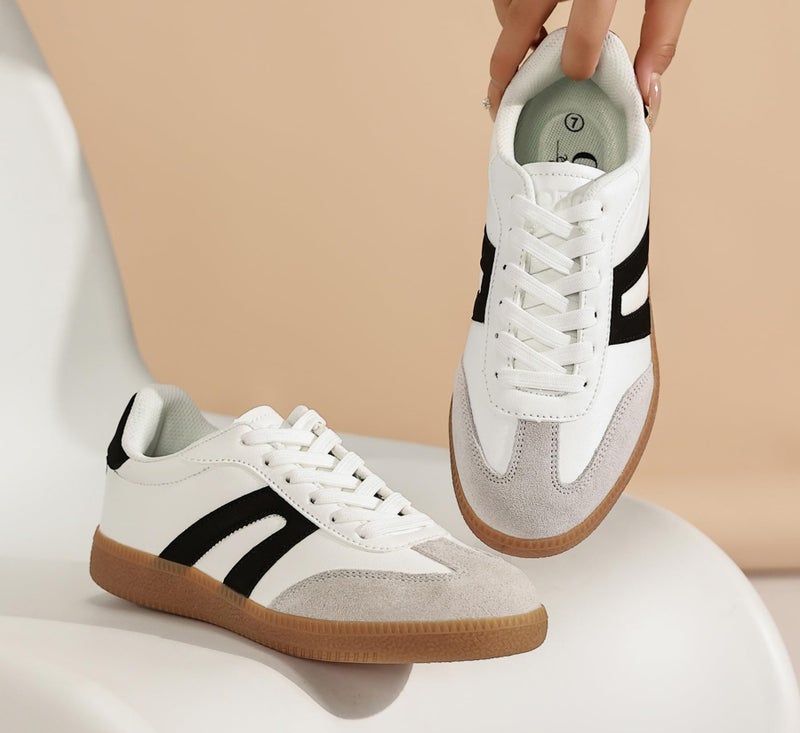 OFG Women's Retro Gum Sole Fashion Sneakers-Lace Detail Casual Retro Walking Shoes-Gum Sole Casual Tennis-Anti Slip Trainersï¼ˆBlack/White,8.5ï¼‰ - Image 5