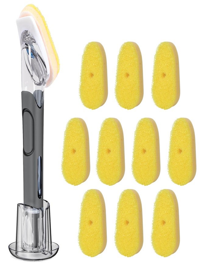 RIMAY Soap Dispensing Replacement Dish Brush Storage Set with 10 PCS Sponge Refills & Holder - RIMAY Dispenser Scrub Cleaning Scrubber Kitchen Dishwashing Dish Wand Handle for Dishes/Pans/Pots/Sink(Yellow - Image 1
