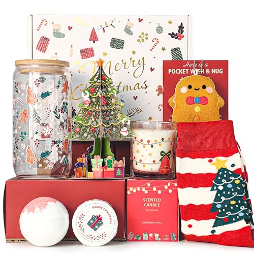 LUICONMO Christmas Gift for Women 2026, Unique Christmas Basket for Coworker Teacher Employee Sister Best Friend Mom Wife, Xmas Holiday Gifts for Women Secret Santa Gift Box Set with Holiday Glass Cup - Image 1