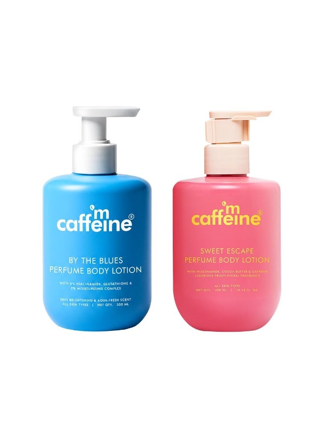 mCaffeine By the Blues Brightening Perfume Body Lotion & Sweet Escape Perfume Body Lotion | Niacinamide, Cocoa & Shea Butter | Deeply Moisturizes, Evens Skin Tone | Long Lasting Fragrance - 300mlx2 - Image 1