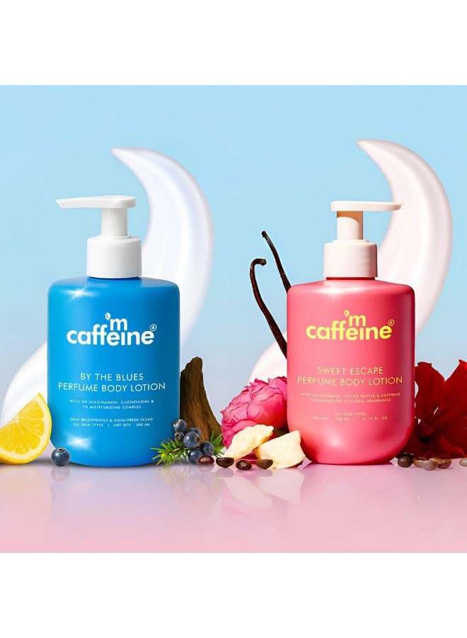 mCaffeine By the Blues Brightening Perfume Body Lotion & Sweet Escape Perfume Body Lotion | Niacinamide, Cocoa & Shea Butter | Deeply Moisturizes, Evens Skin Tone | Long Lasting Fragrance - 300mlx2 - Image 2