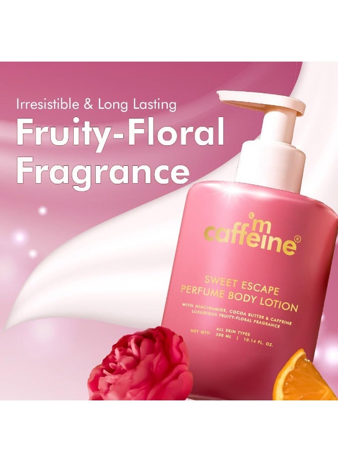 mCaffeine By the Blues Brightening Perfume Body Lotion & Sweet Escape Perfume Body Lotion | Niacinamide, Cocoa & Shea Butter | Deeply Moisturizes, Evens Skin Tone | Long Lasting Fragrance - 300mlx2 - Image 4