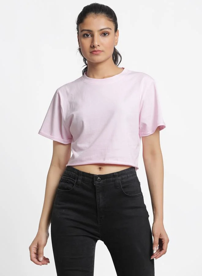 ستايلي Pink Cotton Short Sleeve Crop T-Shirt By Door74