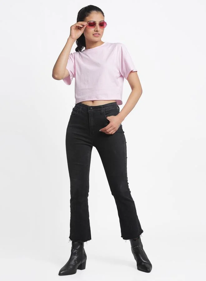 Styli Pink Cotton Short Sleeve Crop T-Shirt By Door74