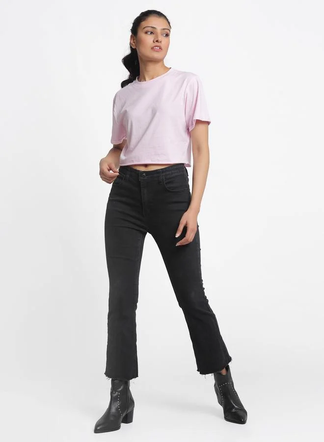Styli Pink Cotton Short Sleeve Crop T-Shirt By Door74