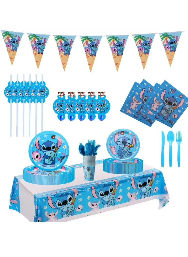 100pcsProcos - Stitch themed birthday party banner flags and disposable paper cups and tableware for New Year's Eve party, suitable for 10 guests, suitable as a gift for birthday parties or for boys and girls - Image 1