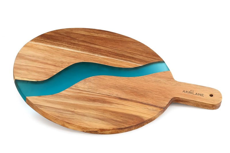 AKRILANE Acacia Wood Cheese Board with Handle – Handmade Charcuterie Board with Blue Resin River – Luxury Serving & Cutting Board for Kitchen, Entertaining, and Home Décor - Image 1