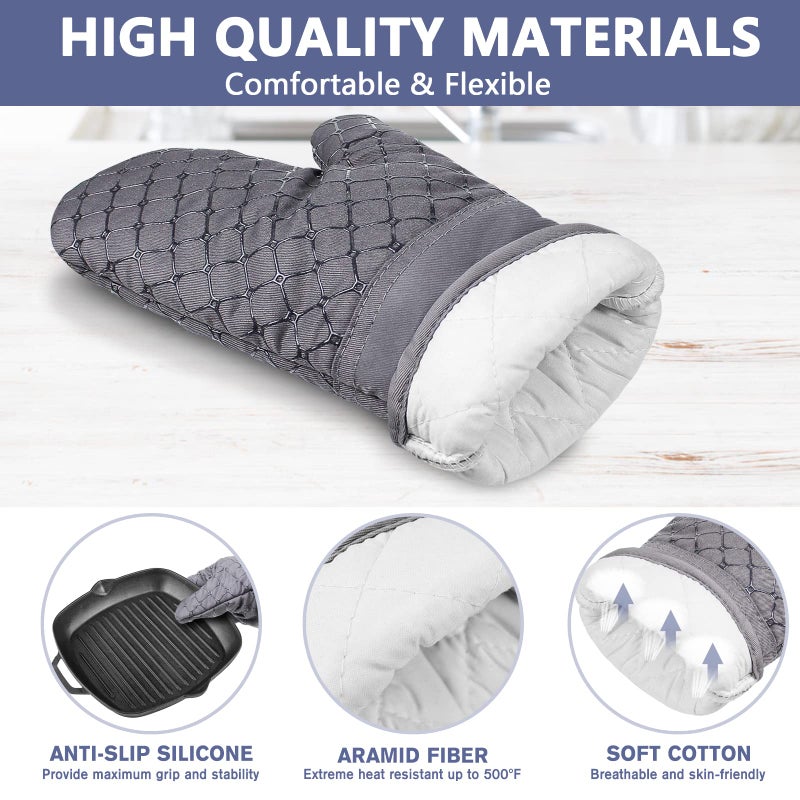 IXO 6Pcs Oven Mitts and Pot Holders  500? Heat Resistant Oven Mitts with Kitchen Towels Soft Cotton Lining and Non-Slip Silicone Surface Safe for Baking  Cooking  BBQ (Grey) - Image 3