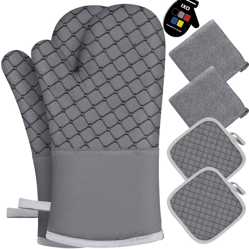 IXO 6Pcs Oven Mitts and Pot Holders  500? Heat Resistant Oven Mitts with Kitchen Towels Soft Cotton Lining and Non-Slip Silicone Surface Safe for Baking  Cooking  BBQ (Grey) - Image 1