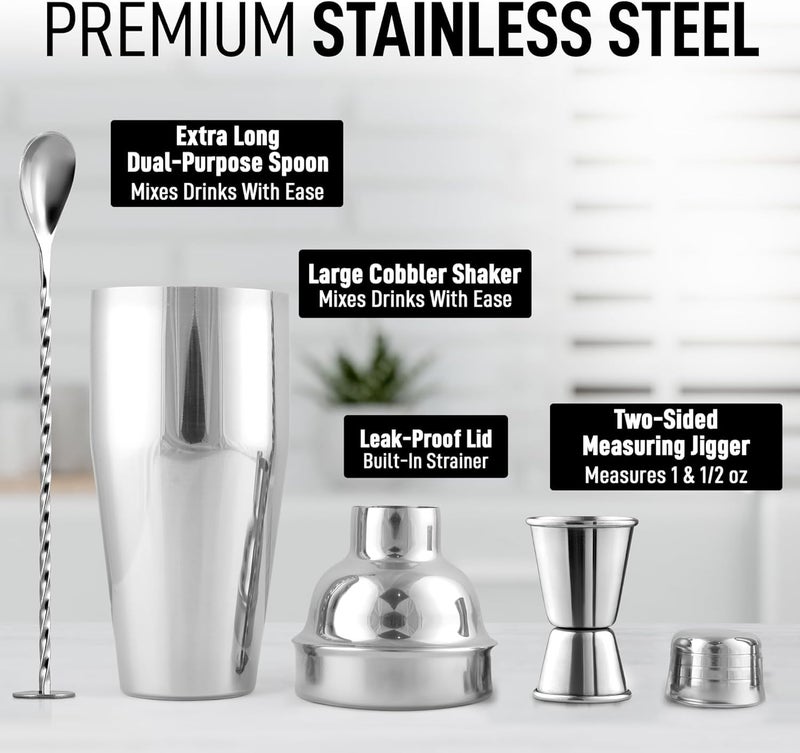 Iktu 700ml Cocktail Shaker Bar Set Professional Margarita Mixer Drink Shaker and Measuring Jigger Mixing Spoon Set Professional Stainless Steel Bar Tools Builtin Bartender Strainer for Martini Kit - Image 4