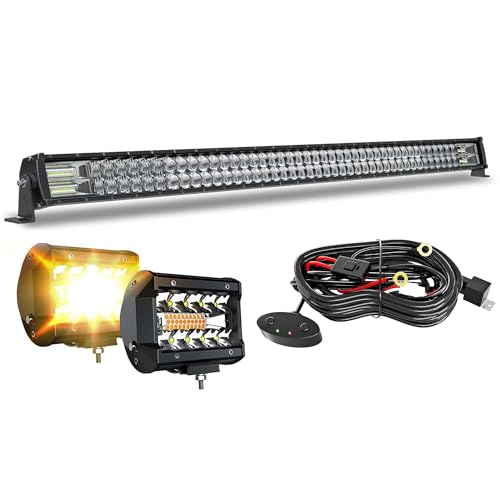 FEELON 5D 52 inch Straight LED Light Bar 4 inch WhiteAmber Yellow LED Pods Strobe Light Driving Fog Light Spot Flood Combo Beam Offroad Lighting with Switch Wiring Harness for Truck Pickup ATV - Image 1