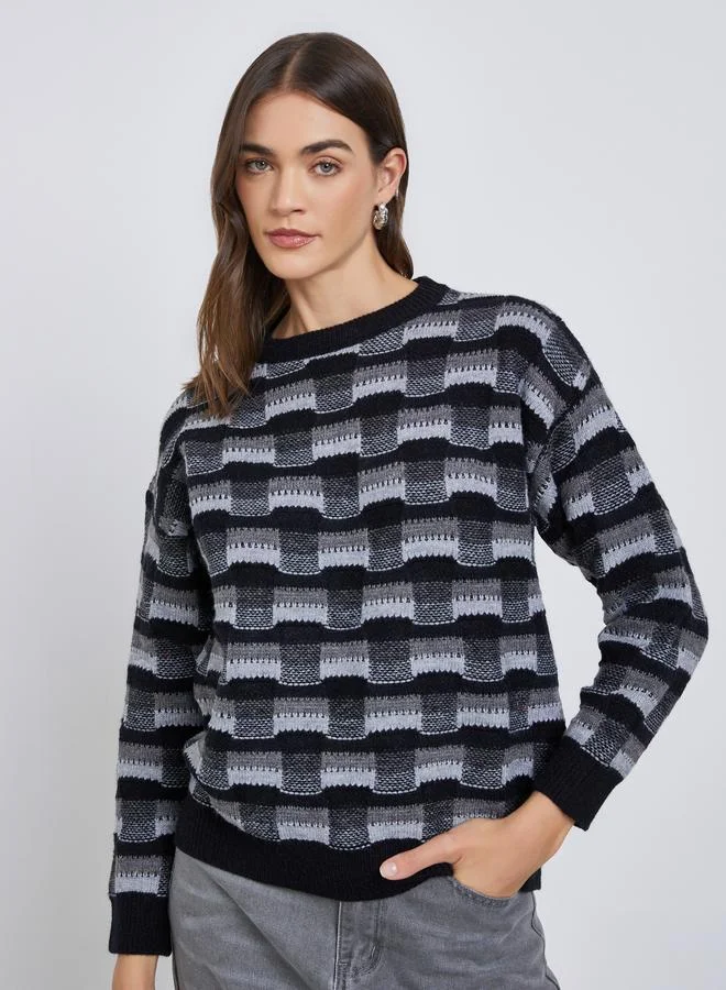 Patterned Knit Dropped Shoulder Sweater