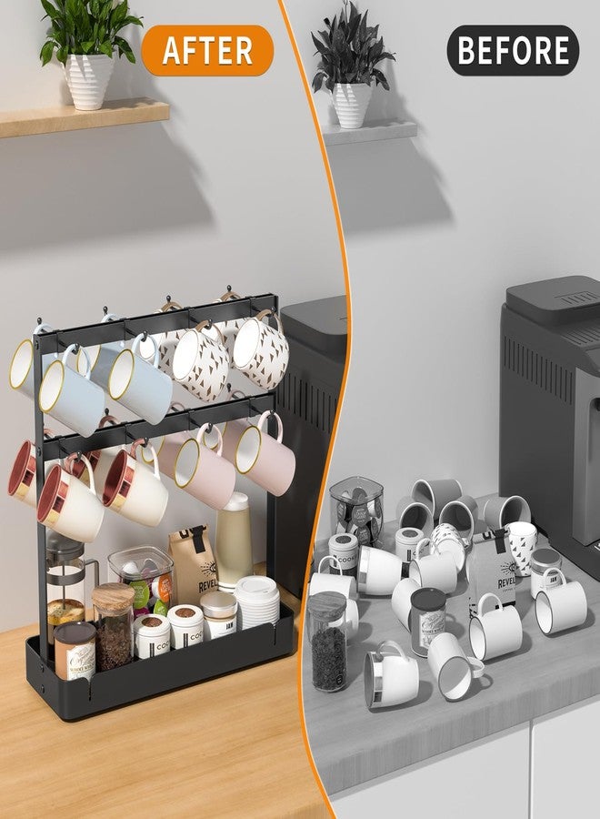 RCHYFEED Countertop Coffee Cup Holder, Aluminum Alloy Mug Holder Organizer with 16 Movable Hooks, 2 Tier Mug Tree Stand Rack with Storage Basket for K Cup Coffee Bar Kitchen - Image 2