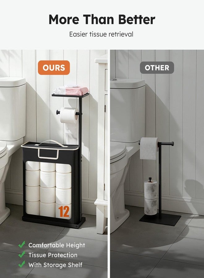 SOLEDI Freestanding Toilet Paper Holder Stand,Bathroom Toilet Paper Storage Organizer with Lid for up to 12 Rolls,Featuring Shelf and Sturdy Metal Base,Black - Image 3
