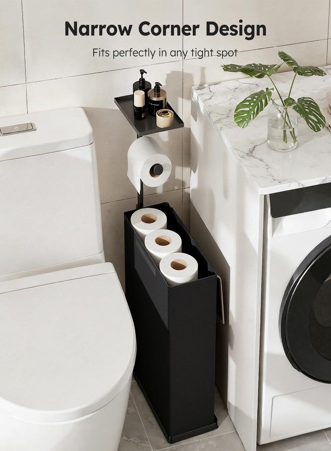 SOLEDI Freestanding Toilet Paper Holder Stand,Bathroom Toilet Paper Storage Organizer with Lid for up to 12 Rolls,Featuring Shelf and Sturdy Metal Base,Black - Image 2
