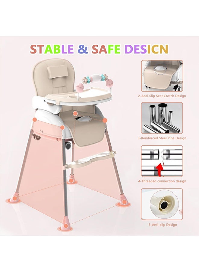 بيوينتي 5-في-1 كرسي الطفل العالي,الكراسي العالية القابلة للطي المحمولة,كرسي الطفل متعدد الوظائف مع علبة قابلة للإزالة,الارتفاع القابل للتعديل ومساندة القدم,كرسي الطعام الطفل مع العجلات,كرسي الأطفال العالي لمدة 6 أشهر إلى 7 سنوات - Image 3