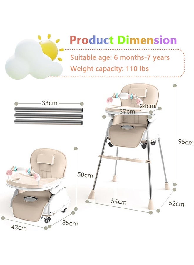 بيوينتي 5-في-1 كرسي الطفل العالي,الكراسي العالية القابلة للطي المحمولة,كرسي الطفل متعدد الوظائف مع علبة قابلة للإزالة,الارتفاع القابل للتعديل ومساندة القدم,كرسي الطعام الطفل مع العجلات,كرسي الأطفال العالي لمدة 6 أشهر إلى 7 سنوات - Image 5