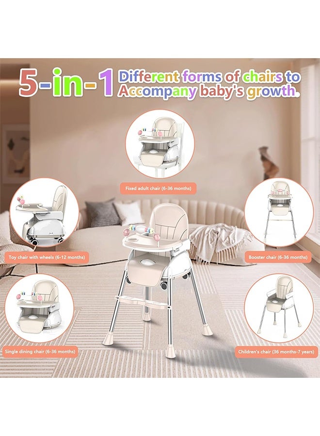 بيوينتي 5-في-1 كرسي الطفل العالي,الكراسي العالية القابلة للطي المحمولة,كرسي الطفل متعدد الوظائف مع علبة قابلة للإزالة,الارتفاع القابل للتعديل ومساندة القدم,كرسي الطعام الطفل مع العجلات,كرسي الأطفال العالي لمدة 6 أشهر إلى 7 سنوات - Image 2