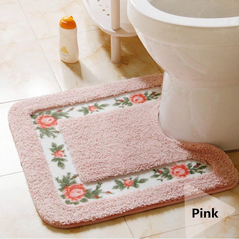 UKELER Non-Skid Floral Rose Bathroom Contour Rugs, Set of 2 Soft Shaggy Non Slip Bath Shower Mat and U-Shaped Toilet Floor Rugs, Pink - Image 3