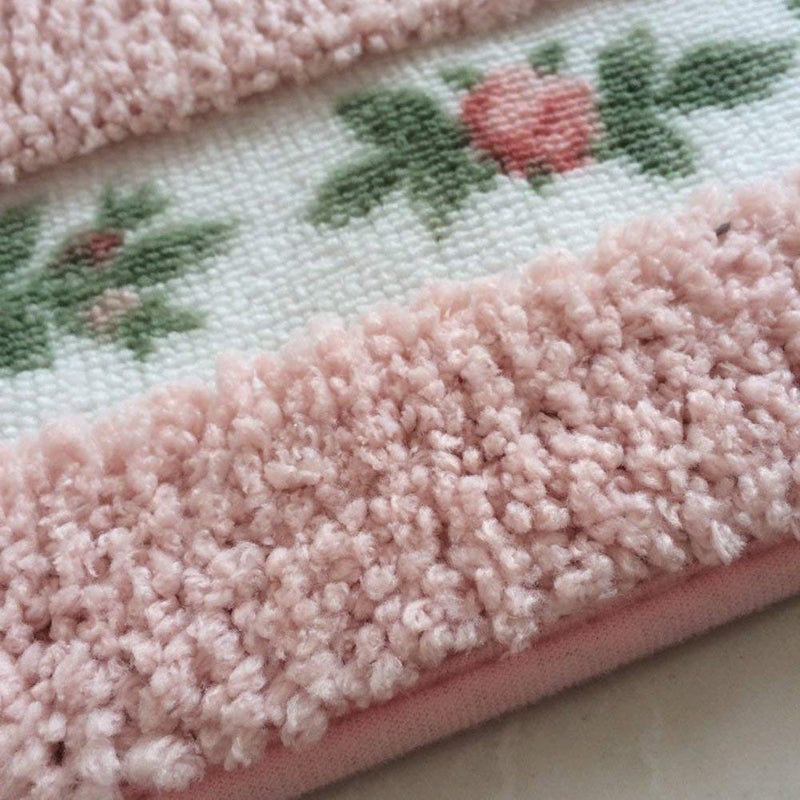 UKELER Non-Skid Floral Rose Bathroom Contour Rugs, Set of 2 Soft Shaggy Non Slip Bath Shower Mat and U-Shaped Toilet Floor Rugs, Pink - Image 4