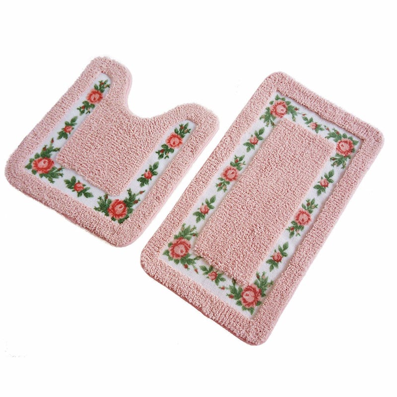 UKELER Non-Skid Floral Rose Bathroom Contour Rugs, Set of 2 Soft Shaggy Non Slip Bath Shower Mat and U-Shaped Toilet Floor Rugs, Pink - Image 1