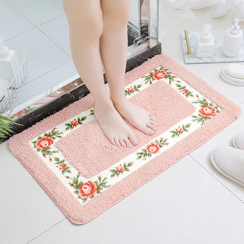 UKELER Non-Skid Floral Rose Bathroom Contour Rugs, Set of 2 Soft Shaggy Non Slip Bath Shower Mat and U-Shaped Toilet Floor Rugs, Pink - Image 2