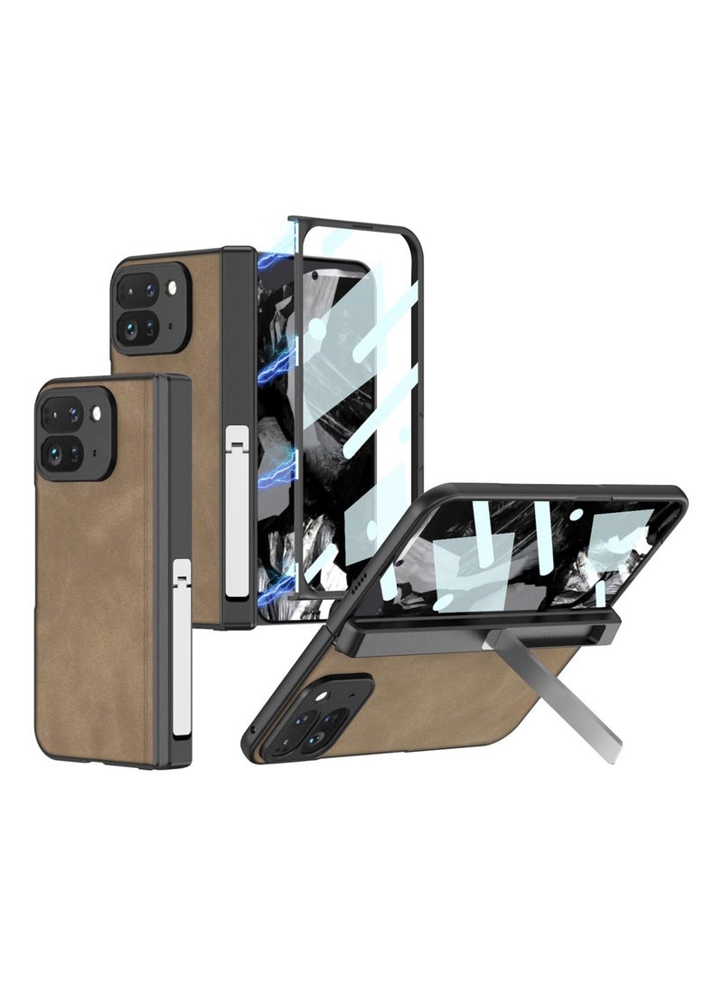 Compatible with Google Pixel 9 Pro Fold 2024 with Screen Protector and Bracket folding Screen Mobile Phone Case Matte Leather All-inclusive Protective Case