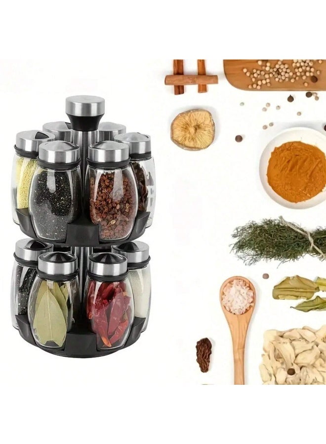 6-Piece Multifunctional Glass Spice Jar Set with 360° Rotating Organizer – Adjustable Pouring Lids & Refillable Bottles for Salt, Pepper, Sugar & Seasonings – Easy to Install Countertop or Cabinet Kitchen Storage Rack – Elegant & Durable Glass Design - Image 2
