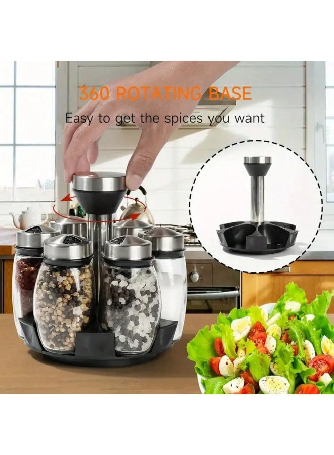 6-Piece Multifunctional Glass Spice Jar Set with 360° Rotating Organizer – Adjustable Pouring Lids & Refillable Bottles for Salt, Pepper, Sugar & Seasonings – Easy to Install Countertop or Cabinet Kitchen Storage Rack – Elegant & Durable Glass Design - Image 3