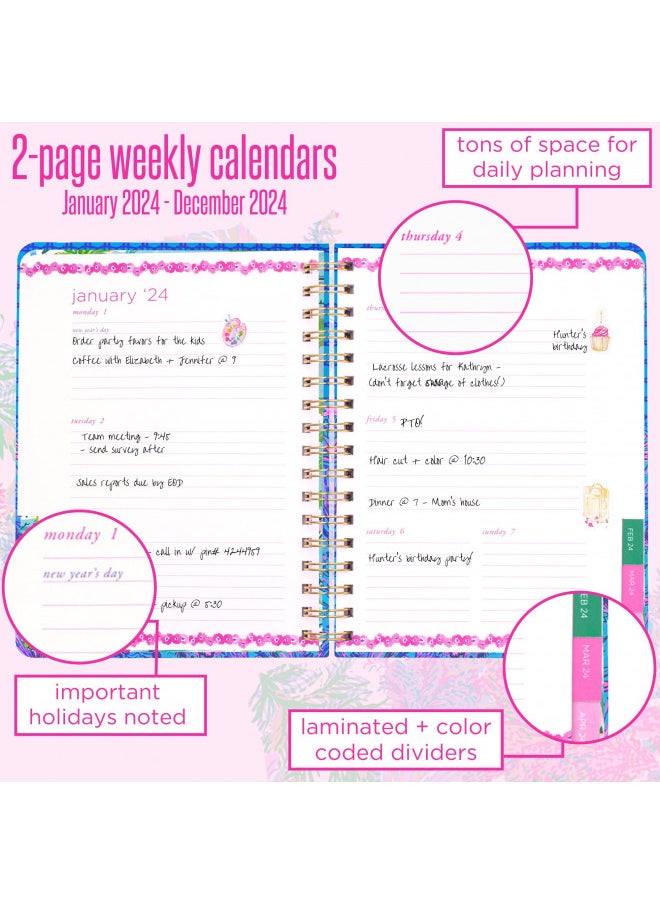 Lilly Pulitzer Lilly Pulitzer Daily Planner 2024, Large Agenda Dated January 2024 - December 2024, Weekly Planner with Monthly Calendar, Stickers, Pockets, & Spiral Binding, Hardcover Cute Planner, Shells n Bells  - Image 2