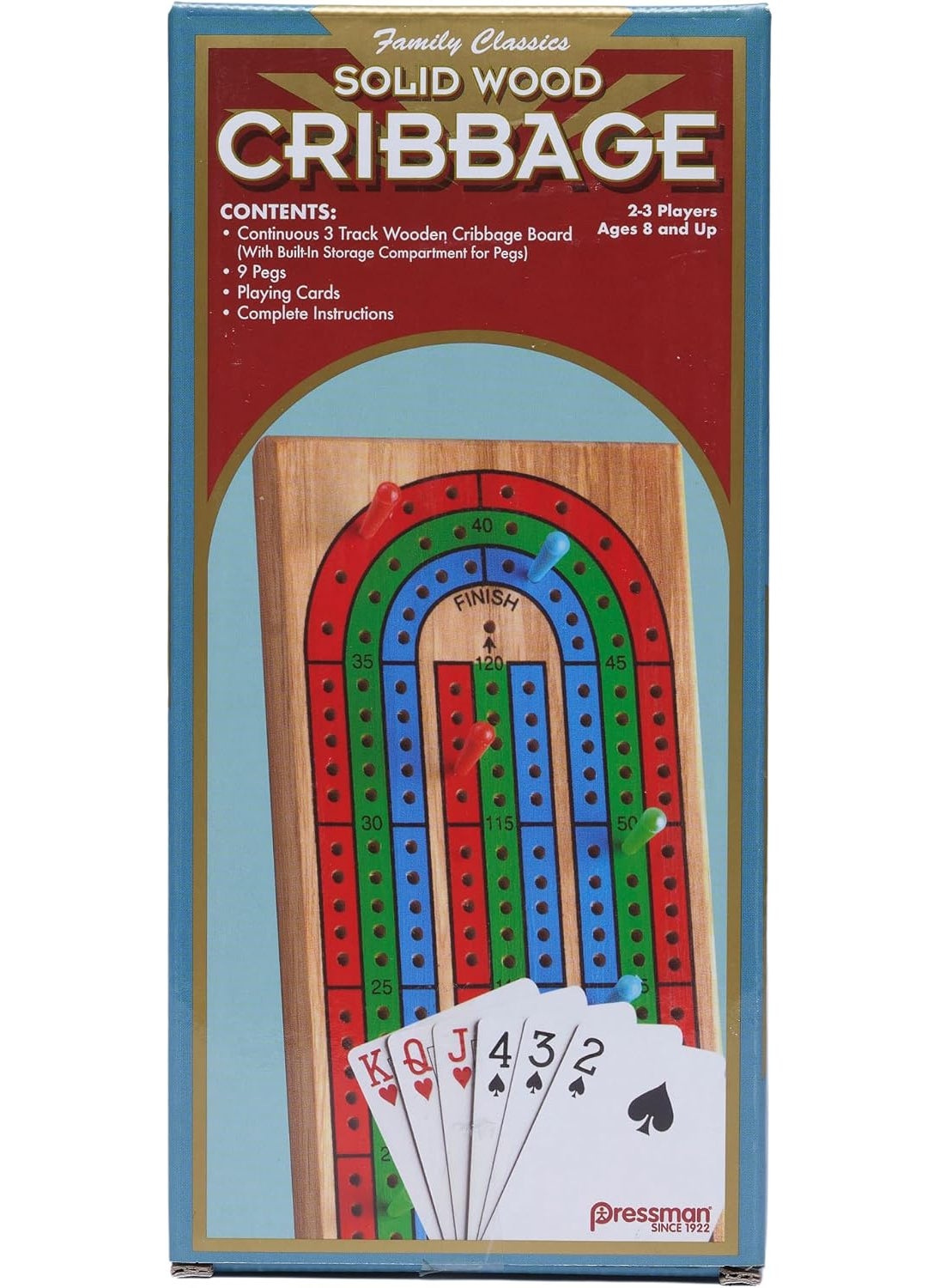 Pressman Family Classics Cribbage  Solid Wood Continuous 3 Track Board with BuiltIn Storage Compartment for Pegs  - Image 1
