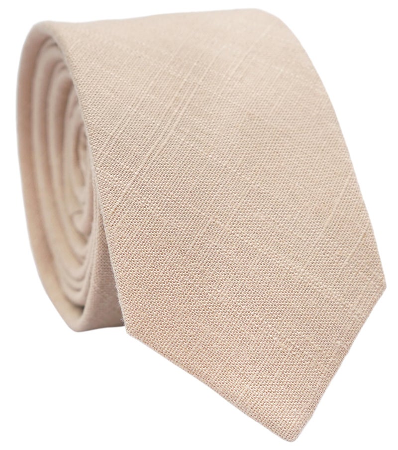 BELLUNO Men's Skinny Ties, Cotton Linen Blend 2.5 inch Slim Neckties, Warm Beige Tie - Image 1