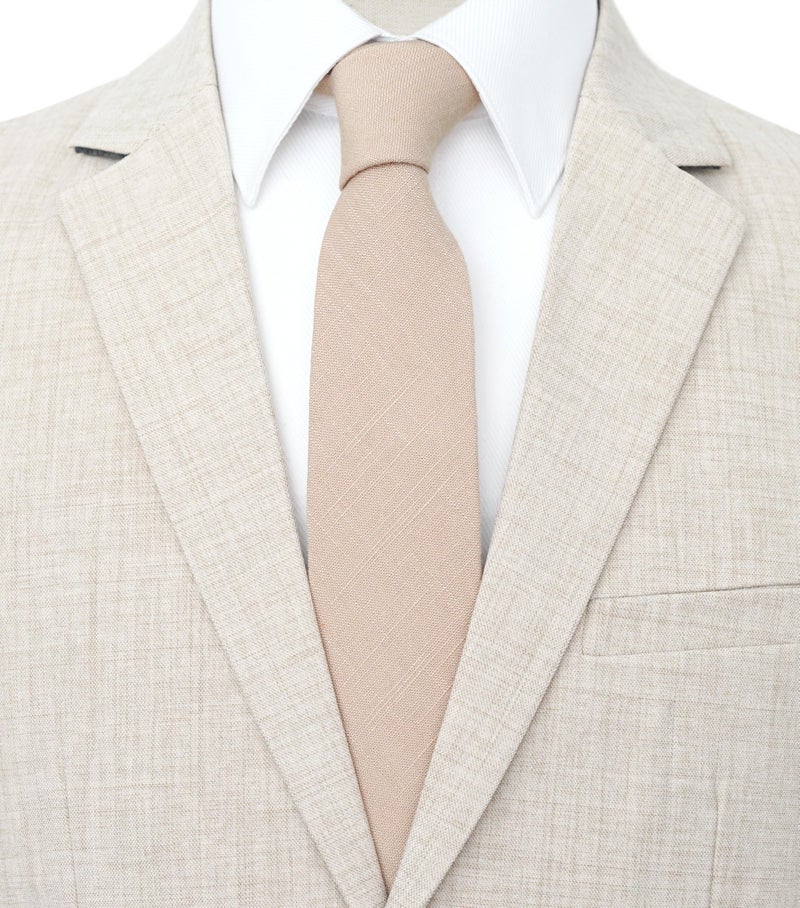 BELLUNO Men's Skinny Ties, Cotton Linen Blend 2.5 inch Slim Neckties, Warm Beige Tie - Image 2