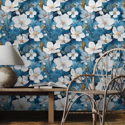REDAMANCY Vintage Blue/White Cherry Blossom Flowers Plants Tree Peel and Stick Wallpaper Stick on Contact Paper Vintage Wall Paper Easy Peel Off for nightstand Drawer Cabinet Renter - Image 3