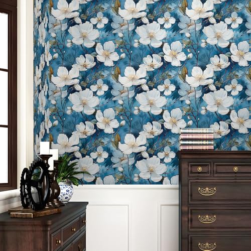 REDAMANCY Vintage Blue/White Cherry Blossom Flowers Plants Tree Peel and Stick Wallpaper Stick on Contact Paper Vintage Wall Paper Easy Peel Off for nightstand Drawer Cabinet Renter - Image 2