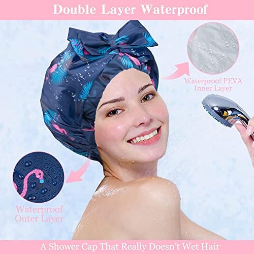 WINSTECK 2 PCS Waterproof Shower Caps, Oversized Adjustable Hair Cap with Bow Knot for Women, Reusable Double Layer Waterproof Bathing Cap for Shower, Spa, Makeup, Design for All Hair Lengths/Style - Image 4