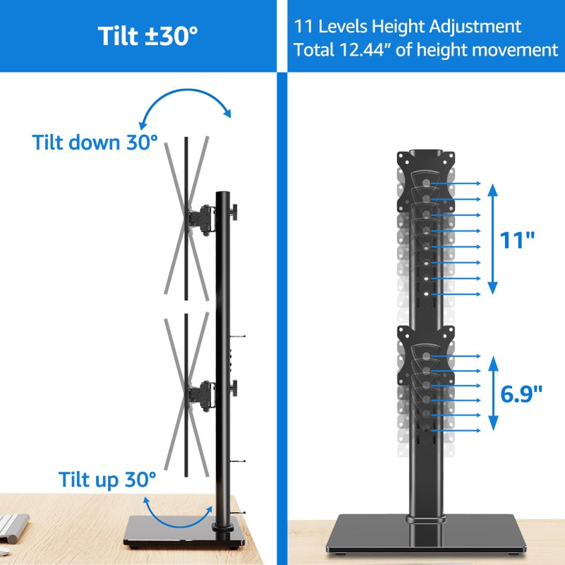 MOUNTUP Vertical Dual Monitor Stand, Stack Two Screens up to 32 inches,33 Lbs, Free-Standing Monitor Desk Mount, Monitor Riser with Swivel, Tilt, Height Adjustable, VESA Stand 100 x 100mm, 75 x 75mm - Image 4