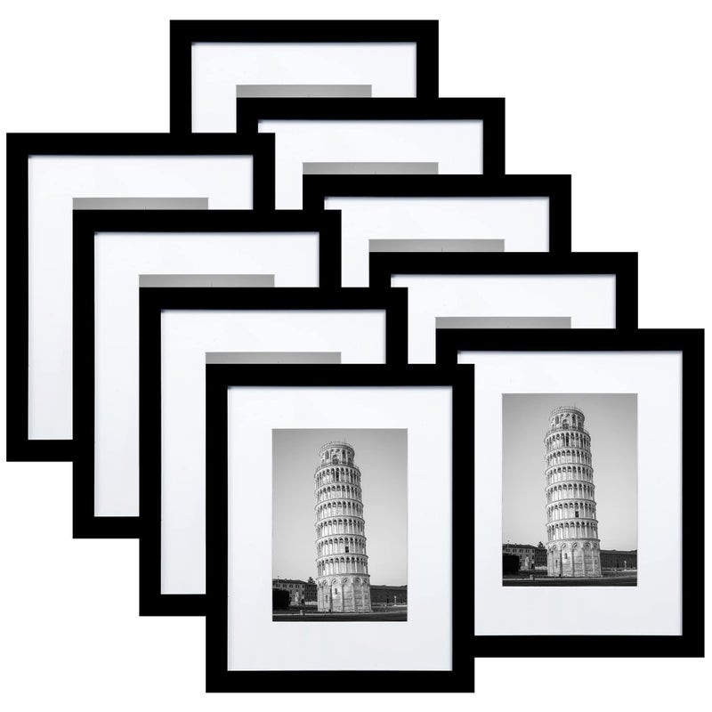 Wiscet 8x10 Picture Frame Set of 9  Display Pictures 5x7 with Mat or 8 x 10 Without Mat  Photo Frame for Wall Mounting or Tabletop  Black - Image 1